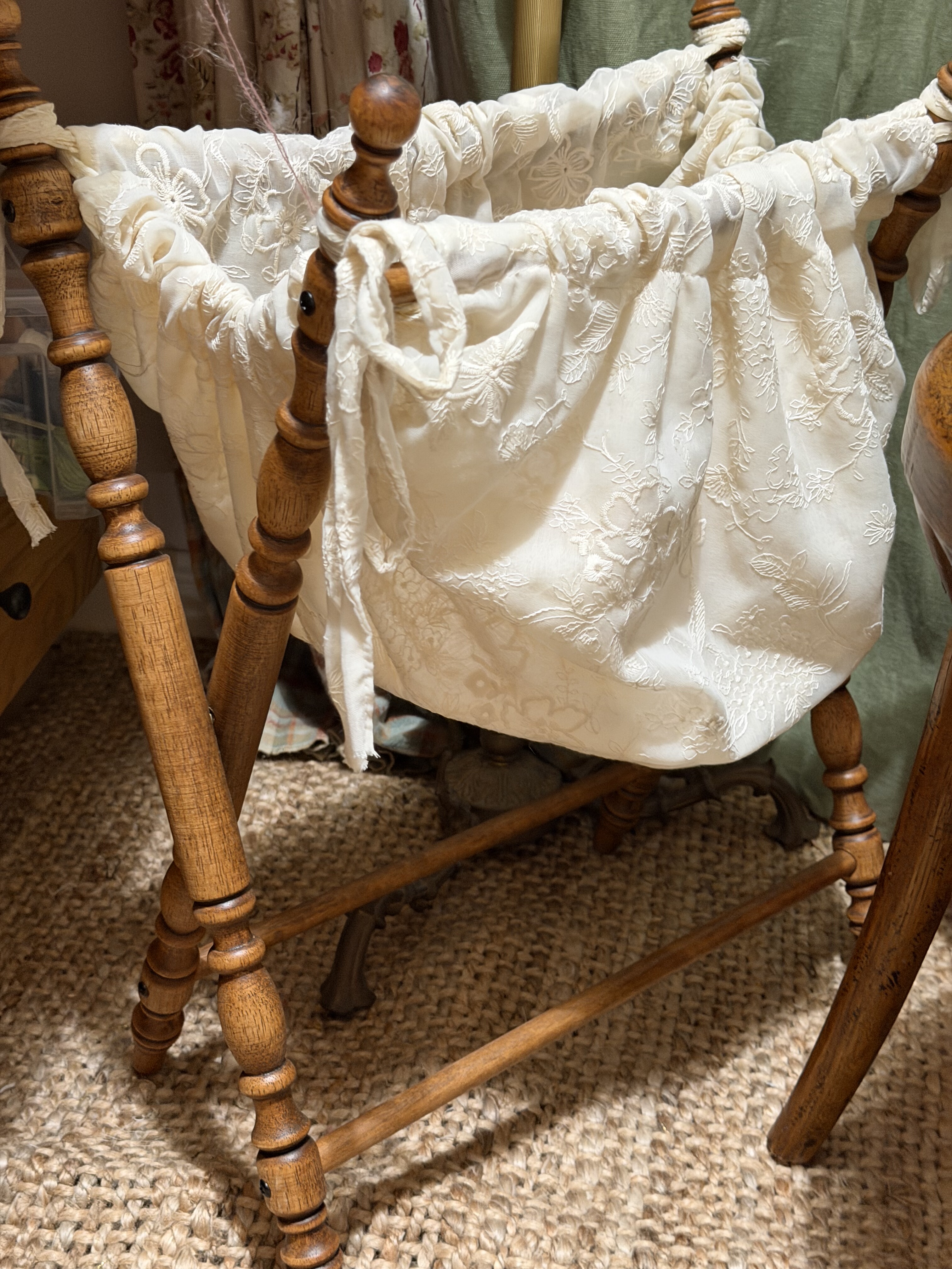 wooden storage basket for pet toys in a customer's home - Vintage French Fabric Pet Storage Hamper